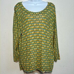Talbots Chic Button Back Teal and Yellow Pear Patterned Sweater Top Size XL